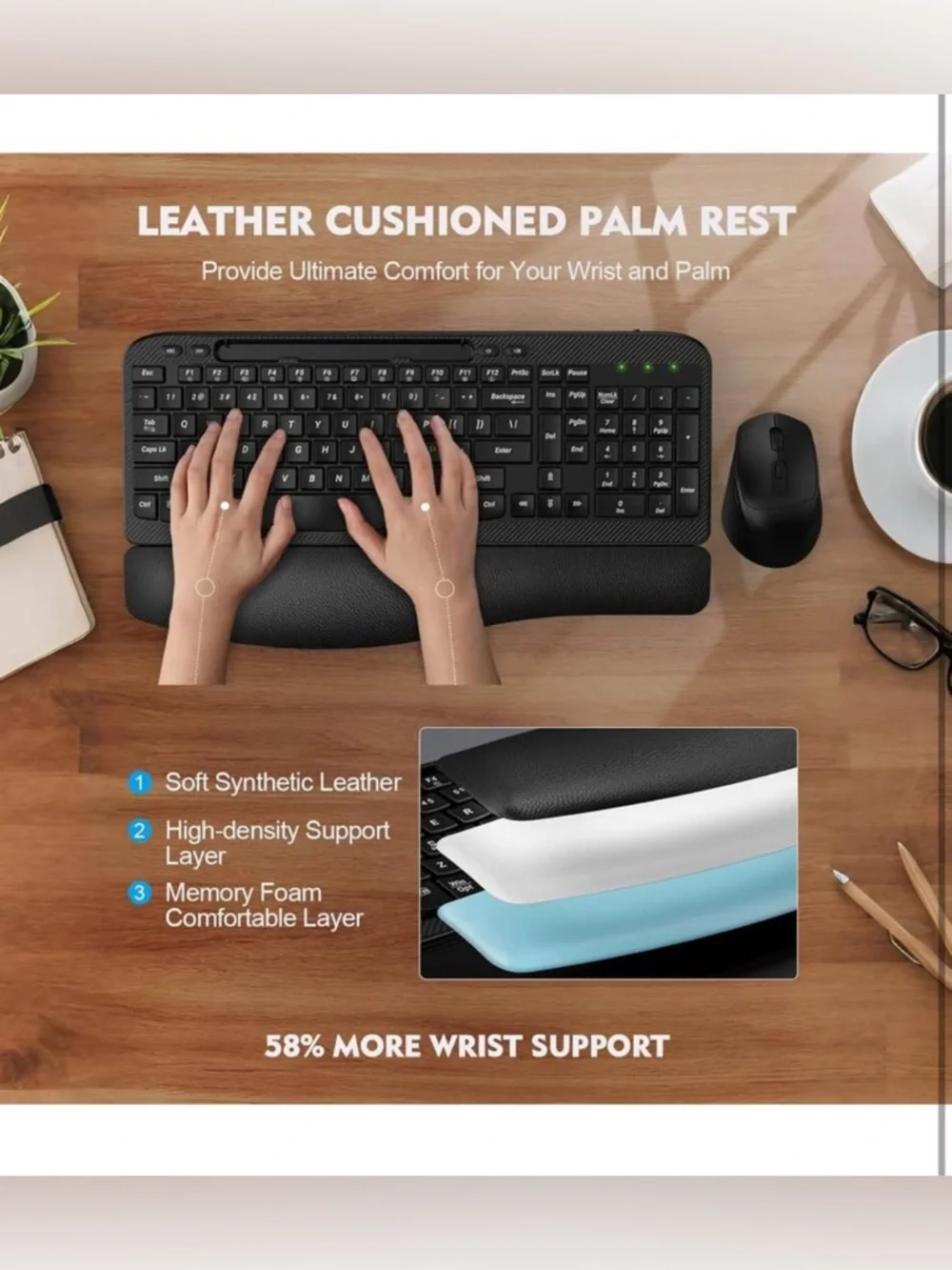 Wireless Keyboard and Mouse Combo, Wave Keys Full-Sized Ergonomic Keyboard